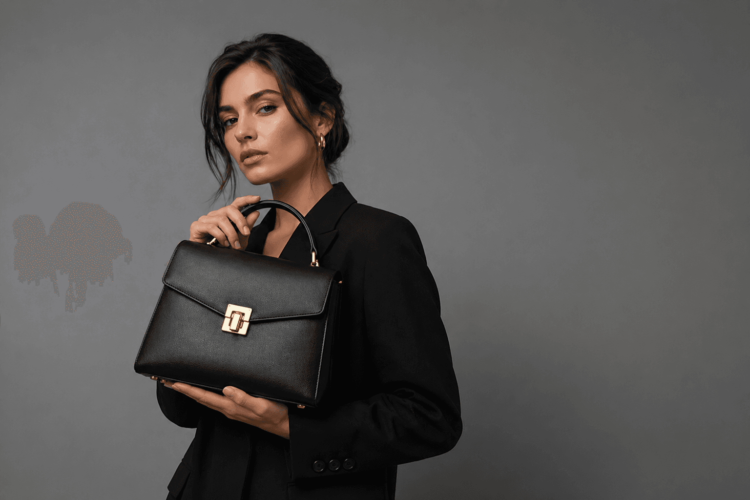 Woman holding premium black handbag